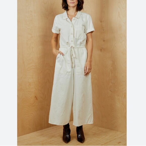 Madewell Wide Leg Utility Jumpsuit Womens 4 Cream Ivory Short Sleeve Cotton Boho - Picture 3 of 13